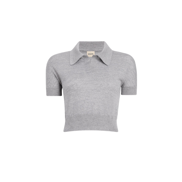 Pull court col polo KHAITE Morgane laine mérinos gris