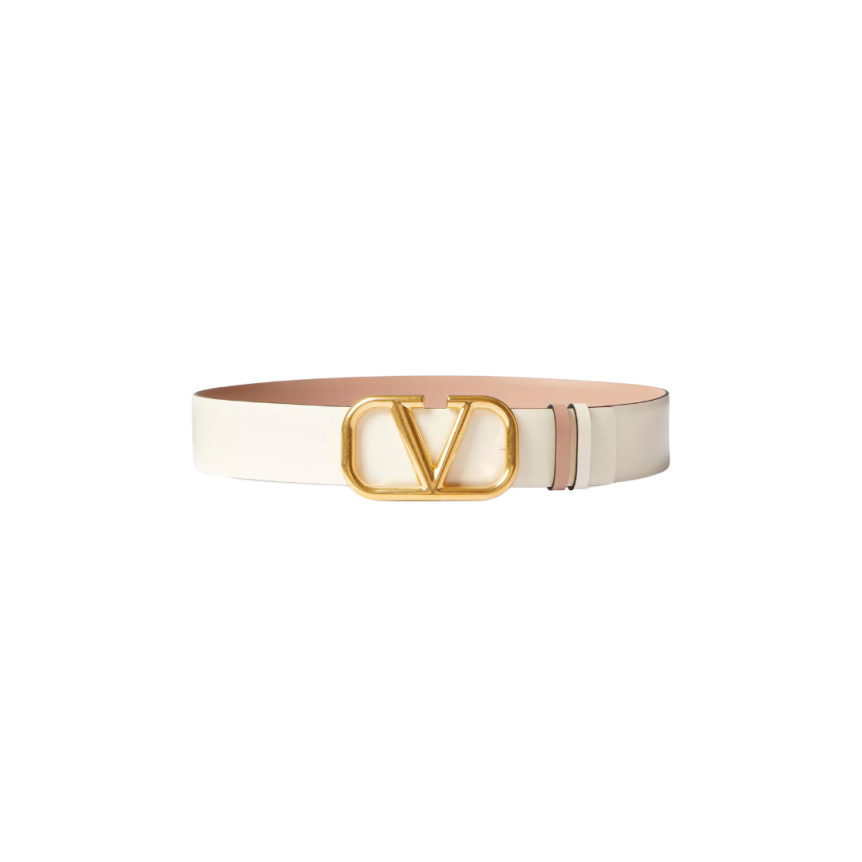 Ceinture VALENTINO Signature cuir rose réversible écru V logo dore