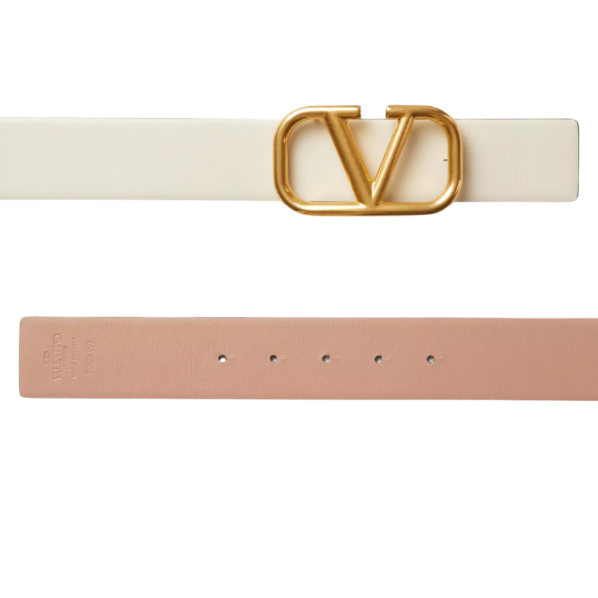 Ceinture VALENTINO Signature cuir rose réversible écru V logo dore