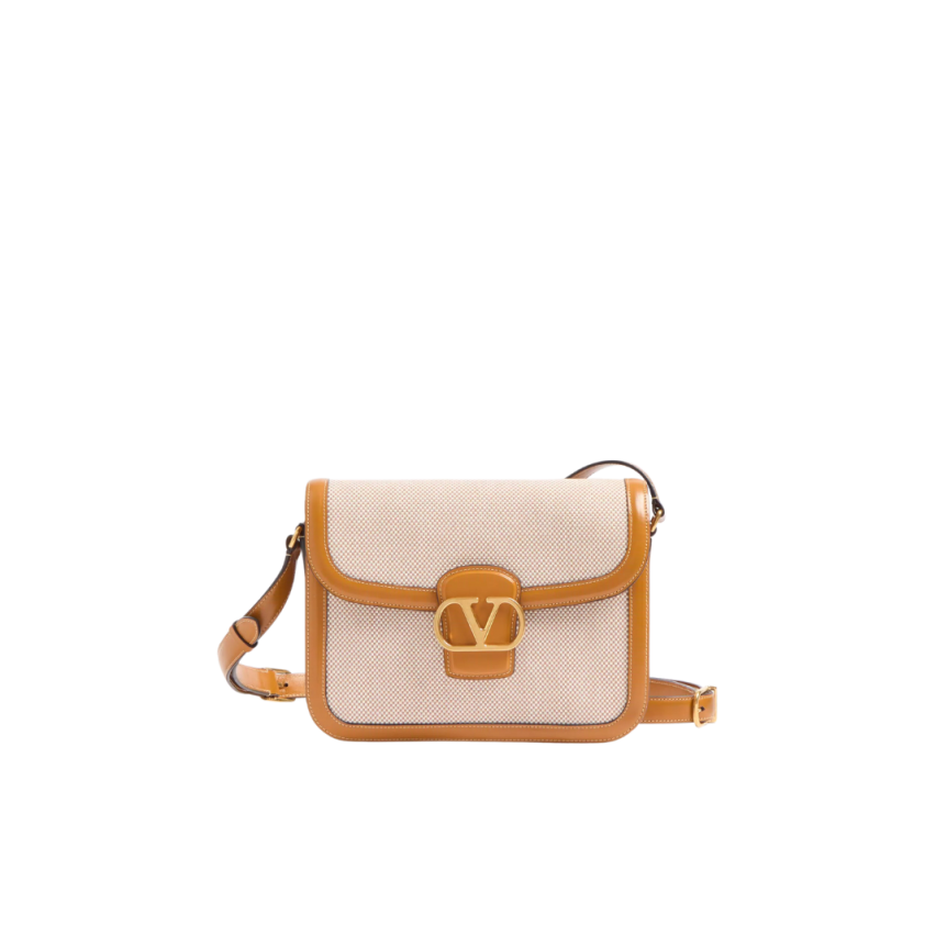 Sac porté épaule VALENTINO 9TO5 toile écru bordure cuir camel