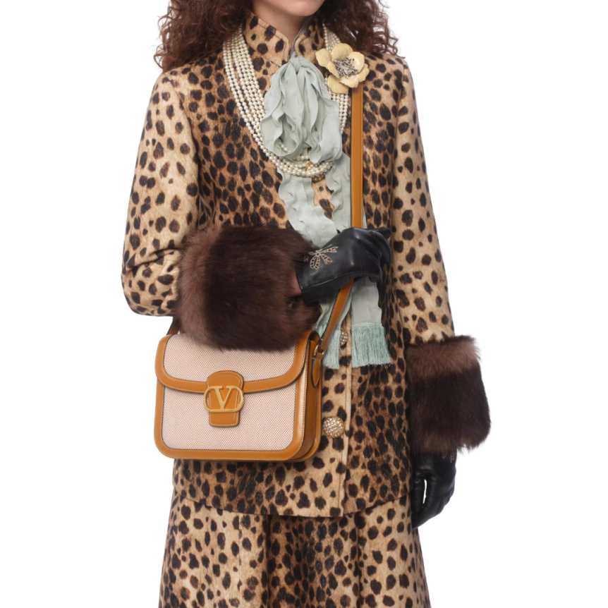 Sac porté épaule VALENTINO 9TO5 toile écru bordure cuir camel