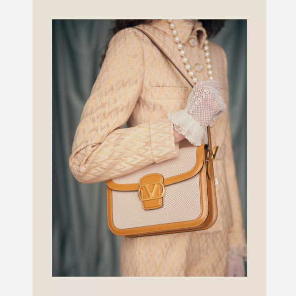 Sac porté épaule VALENTINO 9TO5 toile écru bordure cuir camel