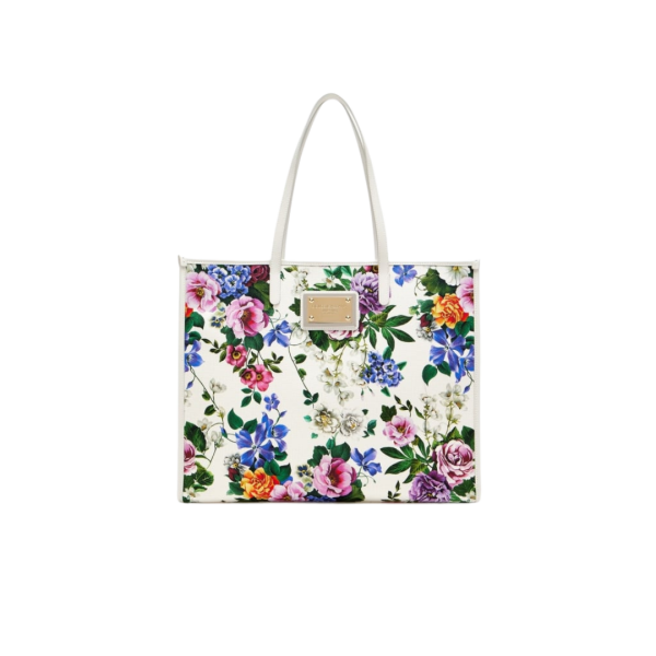 Grand sac cabas DOLCE & GABBANA shopping cuir blanc toile imprimé floral