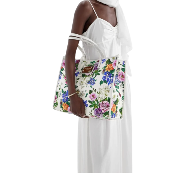 Grand sac cabas DOLCE & GABBANA shopping cuir blanc toile imprimé floral