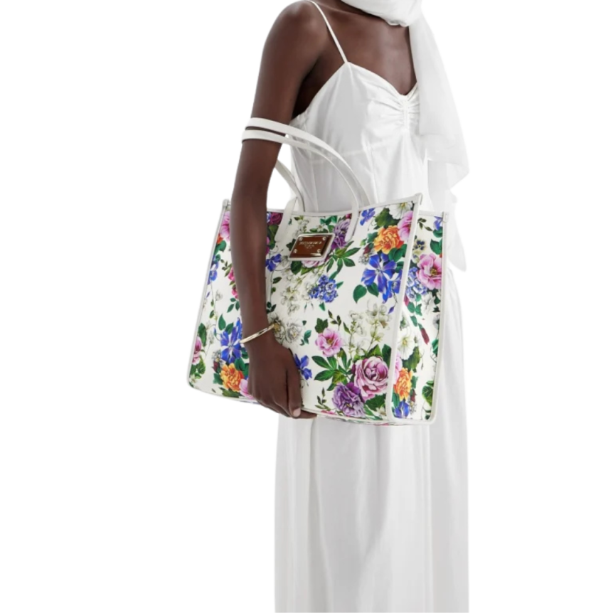 Grand sac cabas DOLCE & GABBANA shopping cuir blanc toile imprimé floral