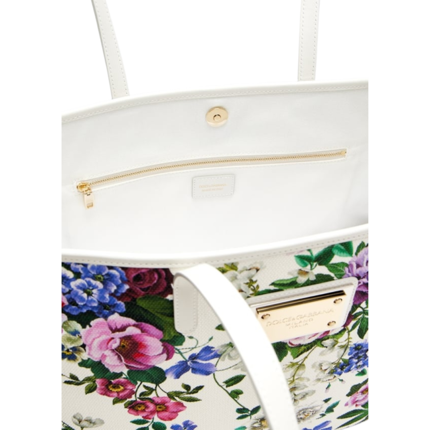 Grand sac cabas DOLCE & GABBANA shopping cuir blanc toile imprimé floral