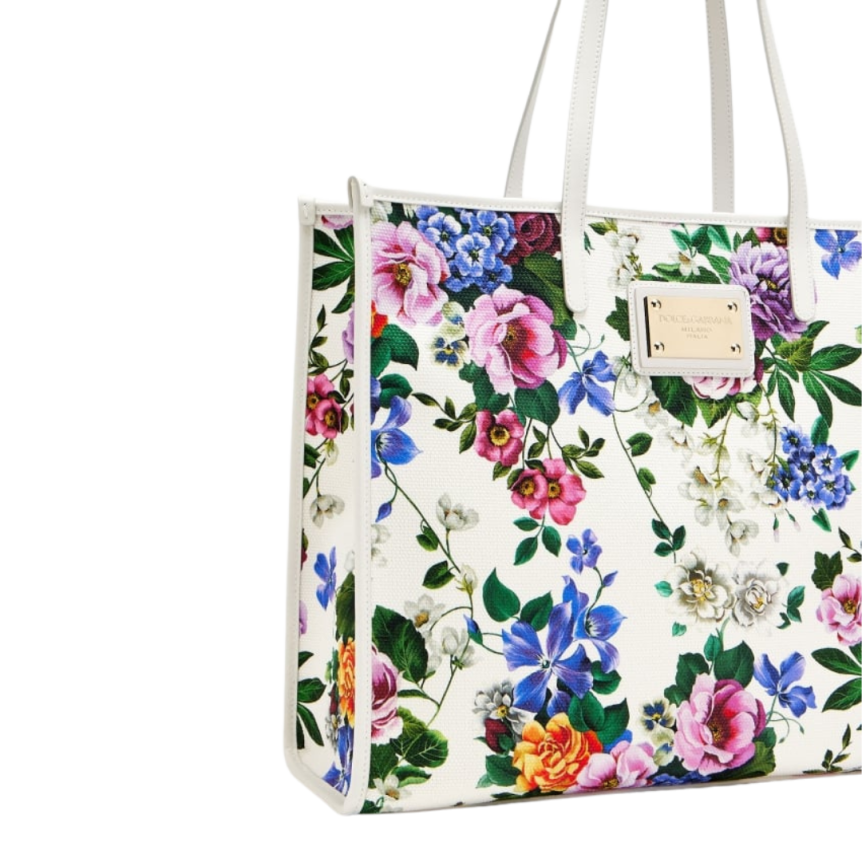 Grand sac cabas DOLCE & GABBANA shopping cuir blanc toile imprimé floral