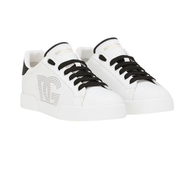 Baskets DOLCE & GABBANA Portofino cuir veau nappa blanc logo DG perfore noir