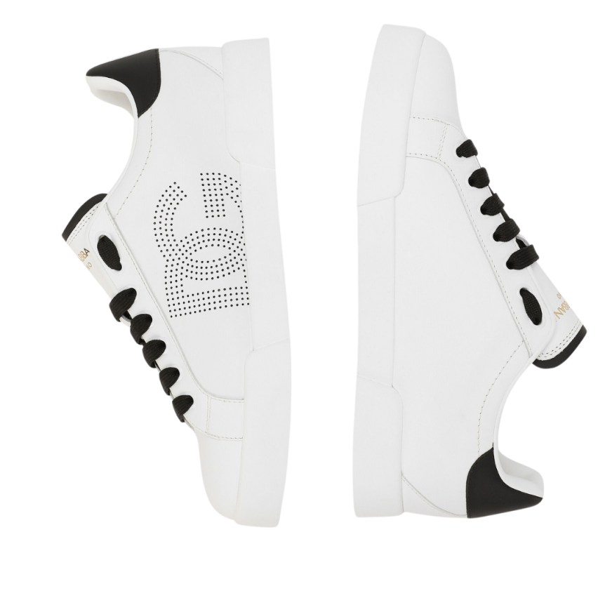 Baskets DOLCE & GABBANA Portofino cuir veau nappa blanc logo DG perfore noir