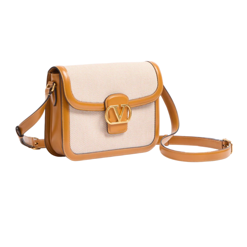 Sac porté épaule VALENTINO 9TO5 toile écru bordure cuir camel