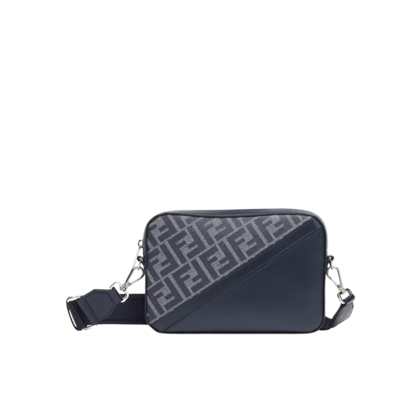 Sac porté épaule FENDI compact toile FF bleu jean denim cuir bleu marine