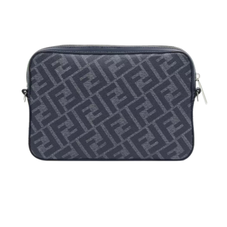 Sac porté épaule FENDI compact toile FF bleu jean denim cuir bleu marine