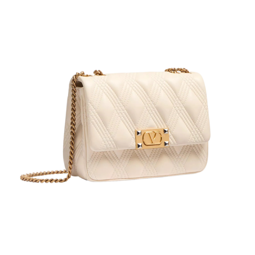 Sac porté épaule VALENTINO Quilte 67 cuir nappa matelassé écru boucle V doré