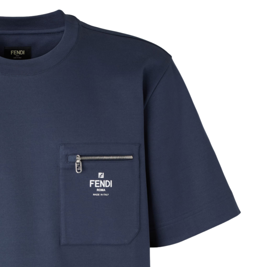 T-shirt col rond coton bleu marine poche zippée Fendi Blanc