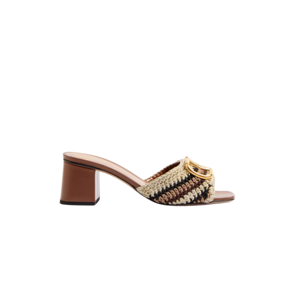 VALENTINO Mules à talon coton métal tressé broderie crochet marron logo V signature dore