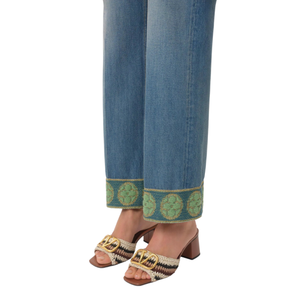 VALENTINO Mules à talon coton métal tressé broderie crochet marron logo V signature dore