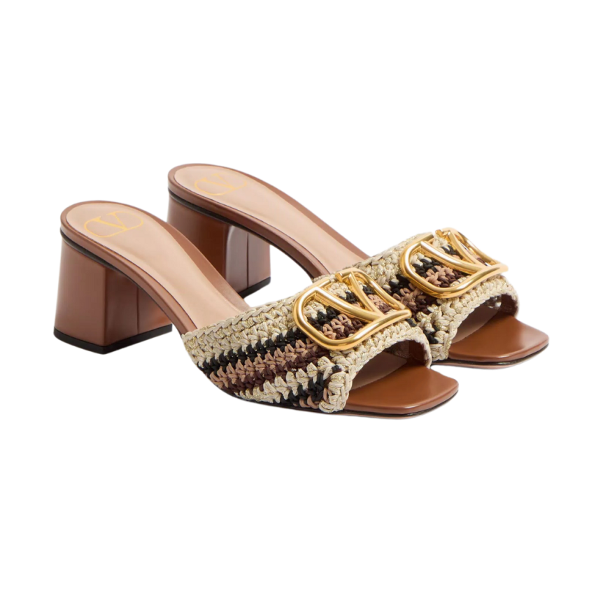 VALENTINO Mules à talon coton métal tressé broderie crochet marron logo V signature dore