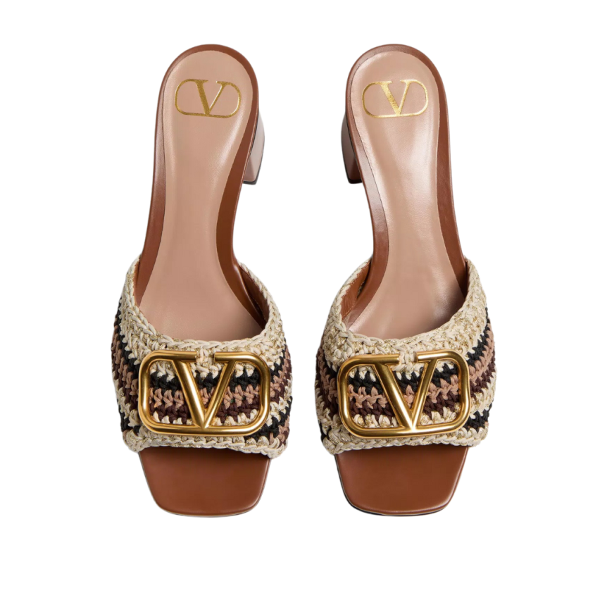 VALENTINO Mules à talon coton métal tressé broderie crochet marron logo V signature dore