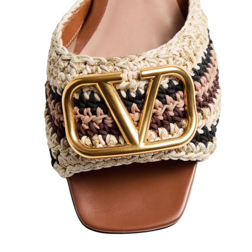 VALENTINO Mules à talon coton métal tressé broderie crochet marron logo V signature dore
