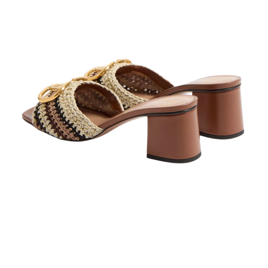VALENTINO Mules à talon coton métal tressé broderie crochet marron logo V signature dore