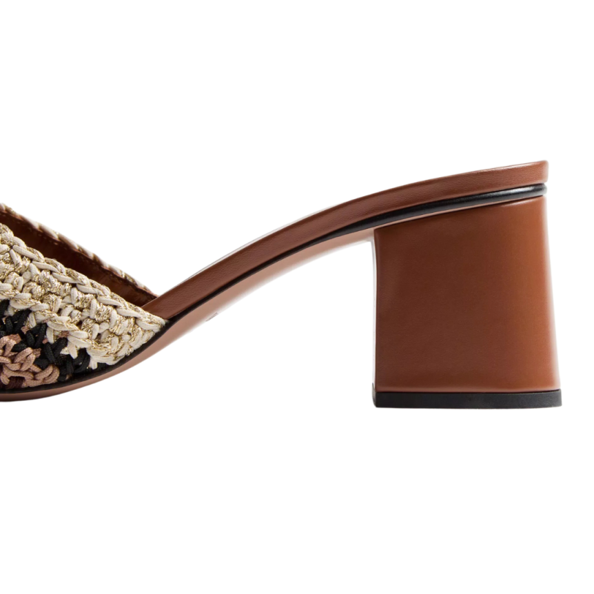 VALENTINO Mules à talon coton métal tressé broderie crochet marron logo V signature dore