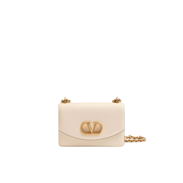 Sac porté épaule VALENTINO V logo signature cuir veau brillant écru chaine dorée