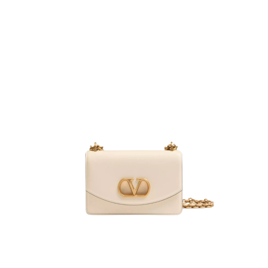 Sac porté épaule VALENTINO V logo signature cuir veau brillant écru chaine dorée