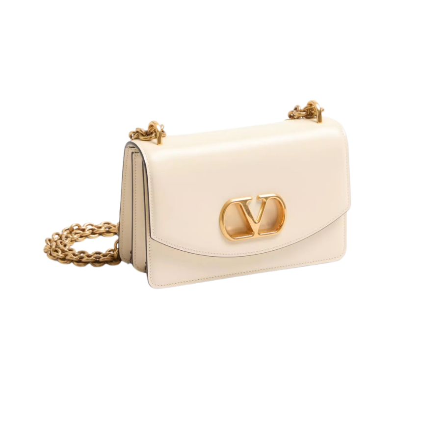 Sac porté épaule VALENTINO V logo signature cuir veau brillant écru chaine dorée