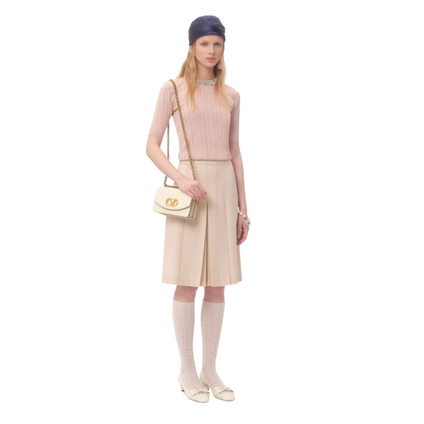 Sac porté épaule VALENTINO V logo signature cuir veau brillant écru chaine dorée