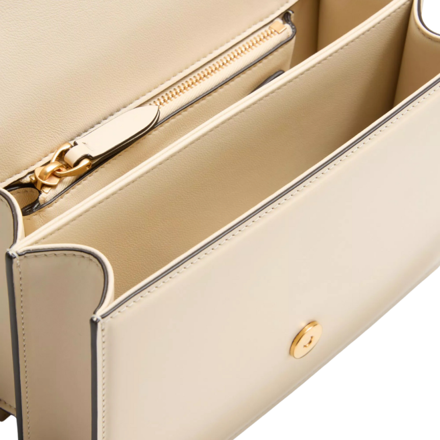 Sac porté épaule VALENTINO V logo signature cuir veau brillant écru chaine dorée