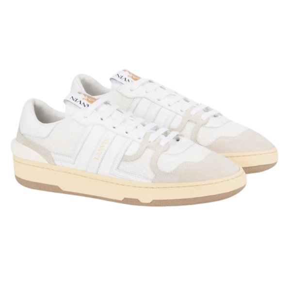 Baskets LANVIN Clay cuir mesh blanc beige logo JL