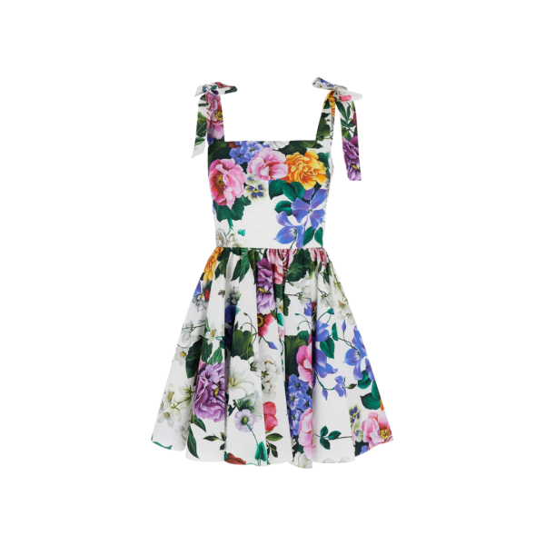 Robe courte à bretelles nœud  DOLCE & GABBANA coton blanc imprimé fleurs