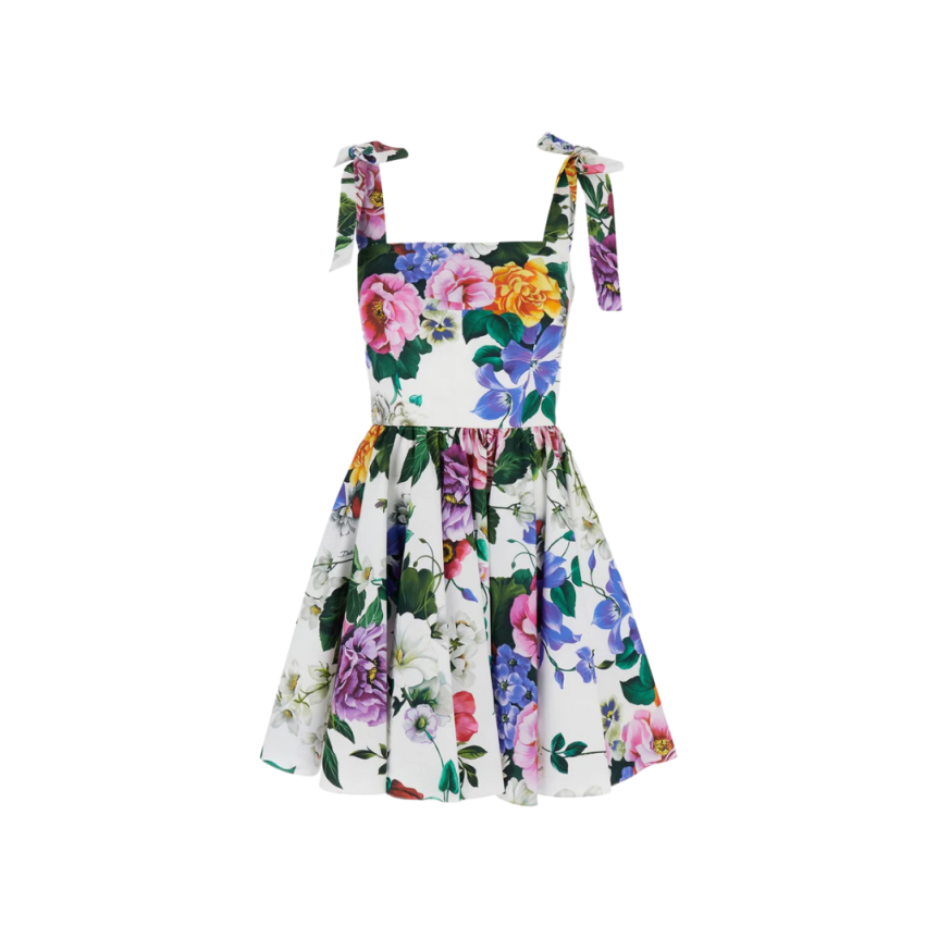 Robe courte à bretelles nœud  DOLCE & GABBANA coton blanc imprimé fleurs