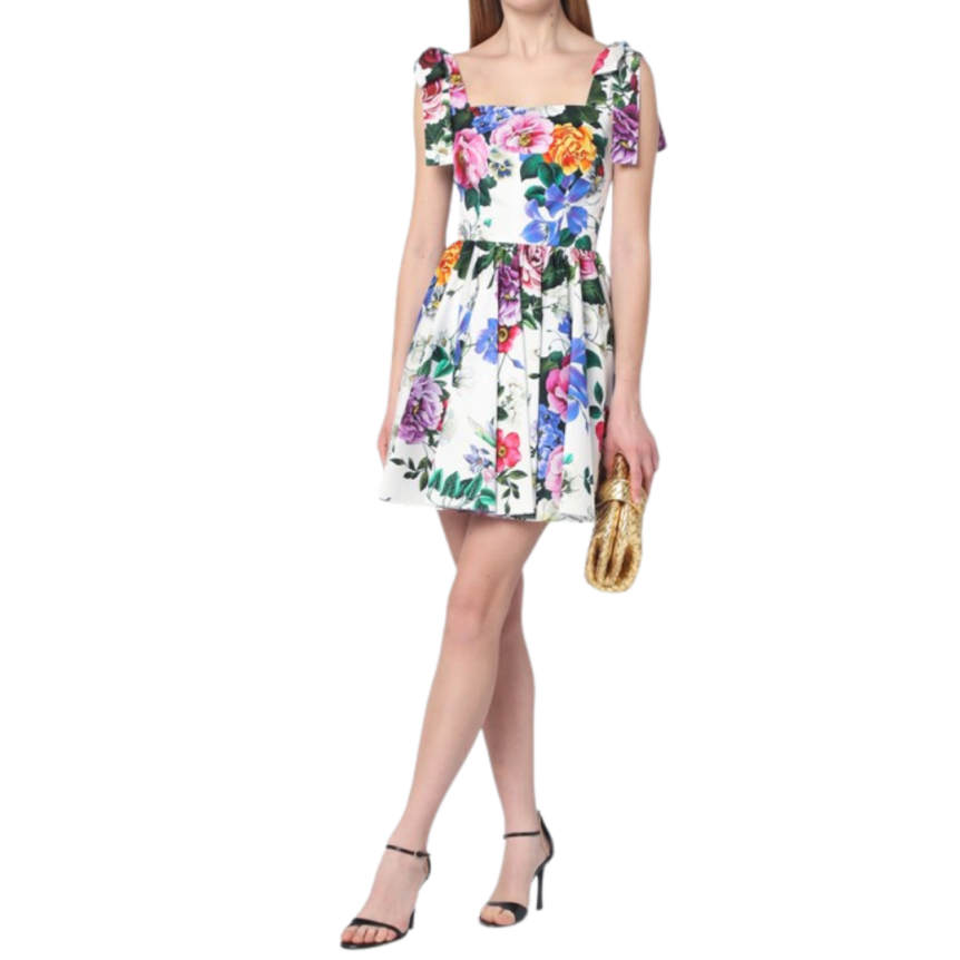 Robe courte à bretelles nœud  DOLCE & GABBANA coton blanc imprimé fleurs