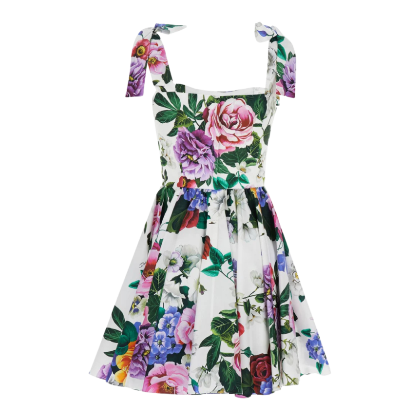 Robe courte à bretelles nœud  DOLCE & GABBANA coton blanc imprimé fleurs