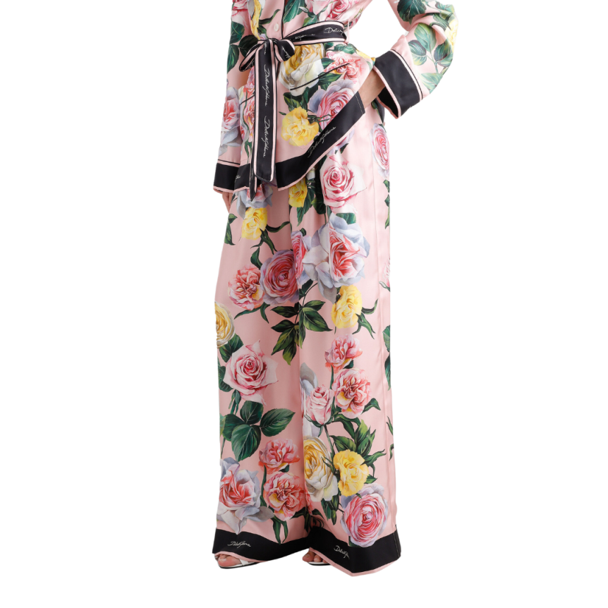 Pantalon de pyjama DOLCE & GABBANA twill de soie imprimé roses pivoines