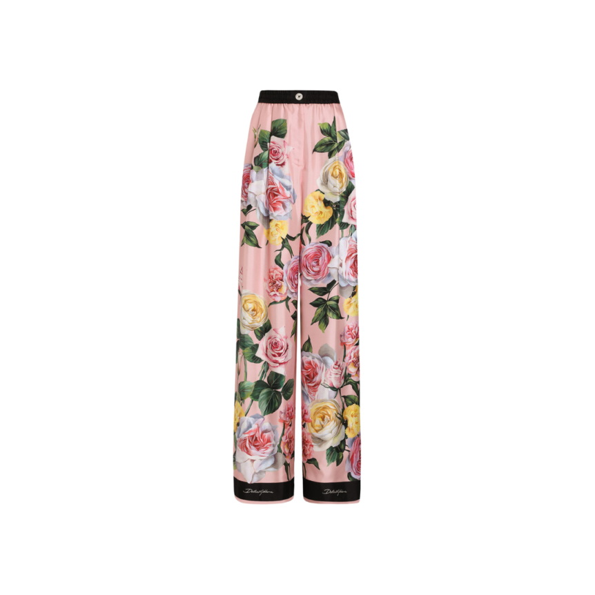 Pantalon de pyjama DOLCE & GABBANA twill de soie imprimé roses pivoines
