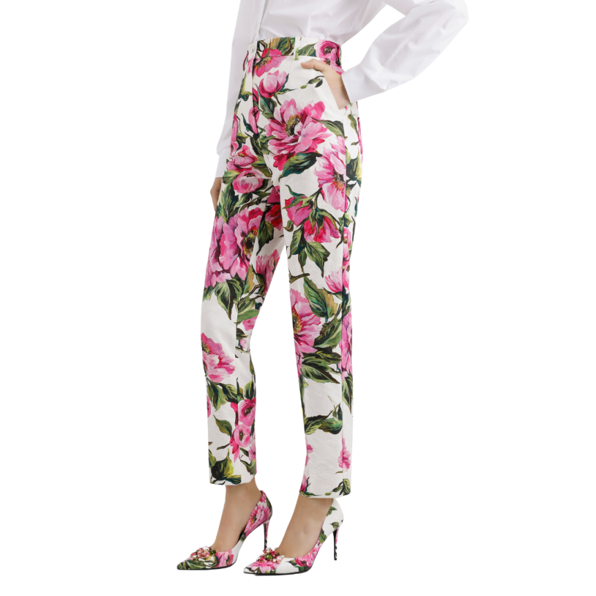 Pantalon tailleur DOLCE & GABBANA jacquard de coton stretch blanc imprimé pivoine rose