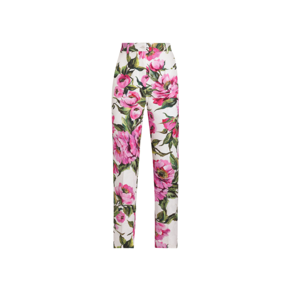 Pantalon tailleur DOLCE & GABBANA jacquard de coton stretch blanc imprimé pivoine rose