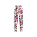 Pantalon tailleur jacquard de coton stretch blanc imprimé pivoine rose