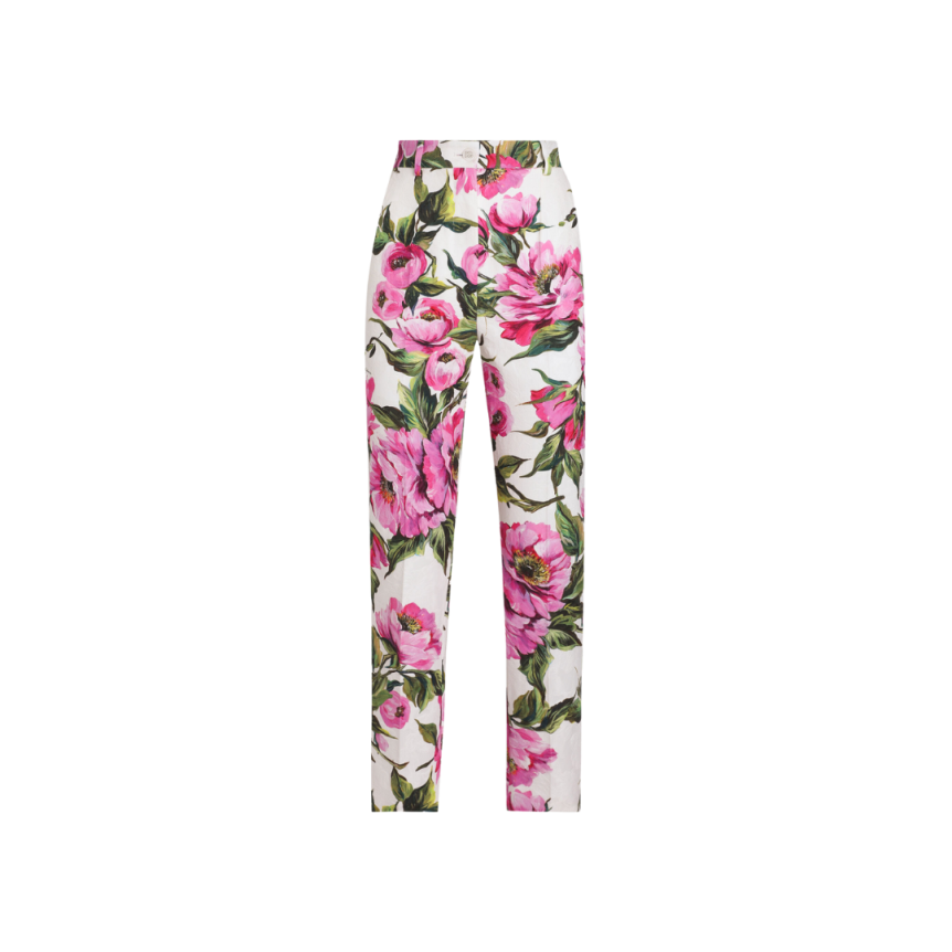 Pantalon tailleur DOLCE & GABBANA jacquard de coton stretch blanc imprimé pivoine rose