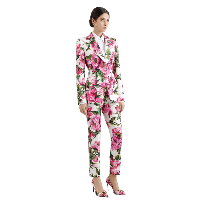 Pantalon tailleur DOLCE & GABBANA jacquard de coton stretch blanc imprimé pivoine rose