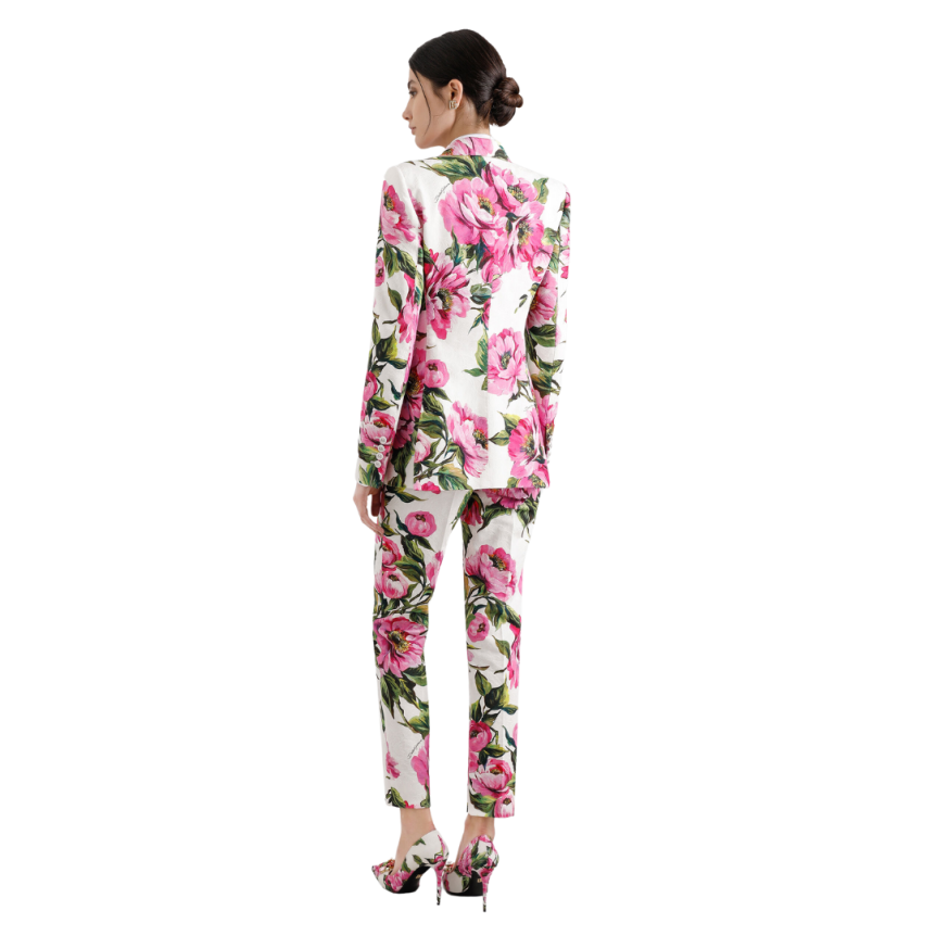 Pantalon tailleur DOLCE & GABBANA jacquard de coton stretch blanc imprimé pivoine rose