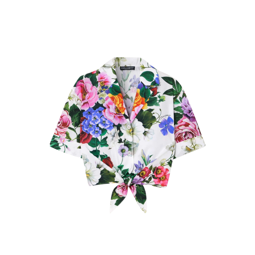 Chemise courte à nouer DOLCE & GABBANA coton blanc imprimé fleurs