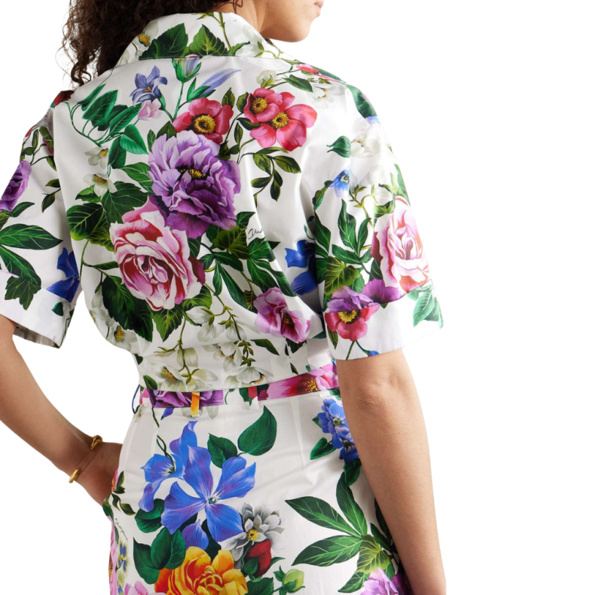 Chemise courte à nouer DOLCE & GABBANA coton blanc imprimé fleurs