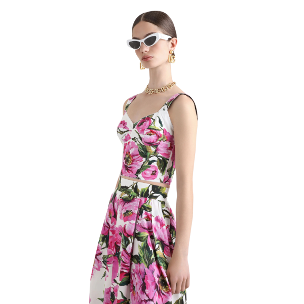 Top corset DOLCE & GABBANA popeline de coton imprimé pivoine rose