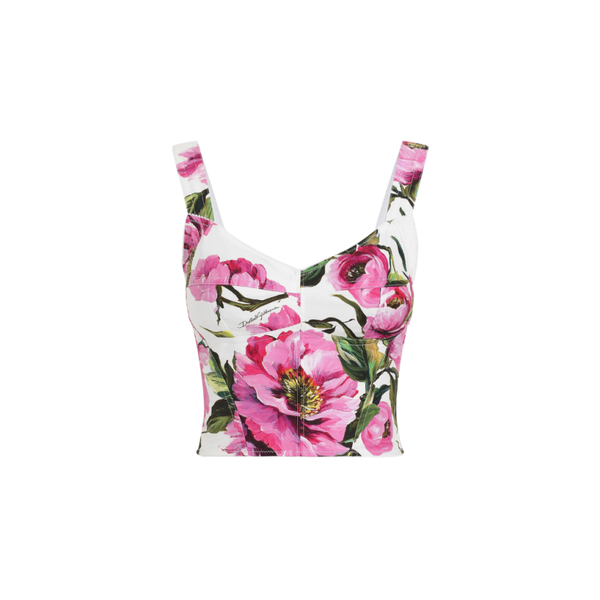 Top corset DOLCE & GABBANA popeline de coton imprimé pivoine rose
