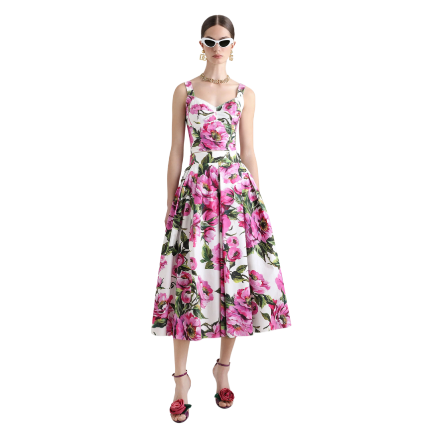 Top corset DOLCE & GABBANA popeline de coton imprimé pivoine rose