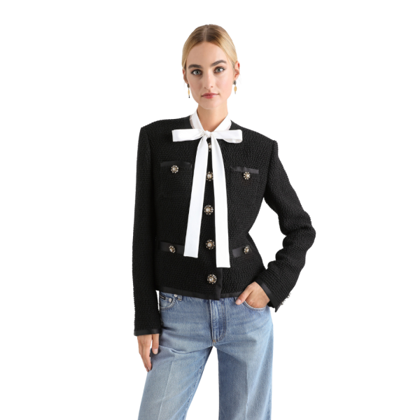 Veste courte DOLCE & GABBANA tweed bouclé laine vierge soie noir boutons bijoux