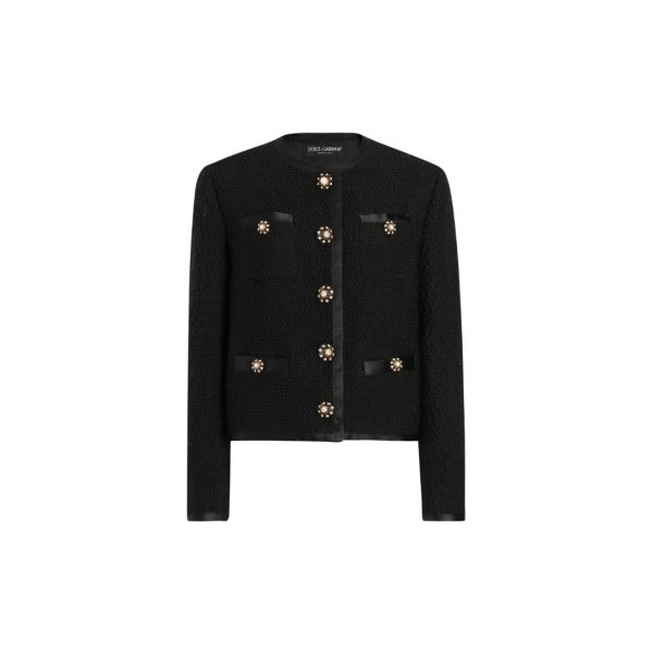 Veste courte DOLCE & GABBANA tweed bouclé laine vierge soie noir boutons bijoux